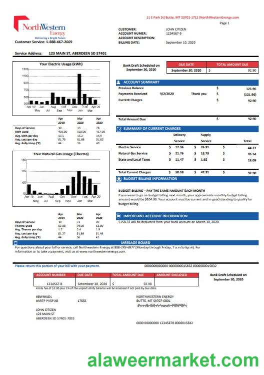USA NorthWestern Energy utility bill template in Word and PDF format, version 2